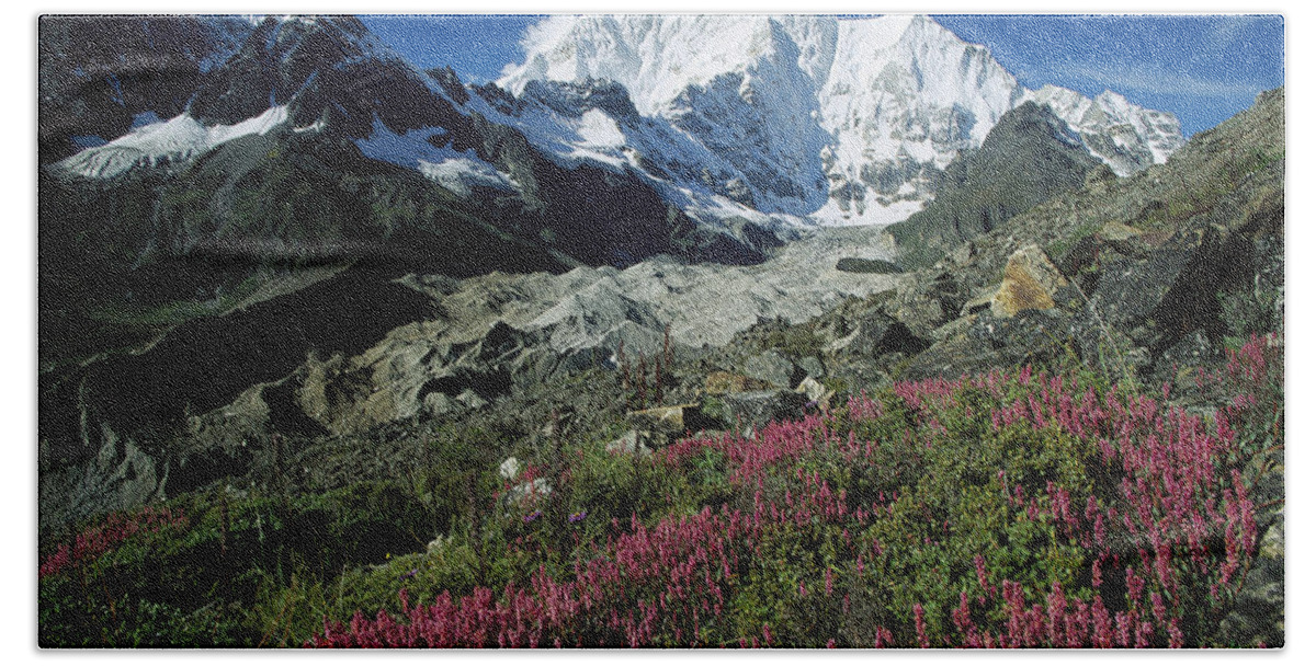 Feb0514 Beach Towel featuring the photograph Wildflowers And Kangshung Glacier by Colin Monteath