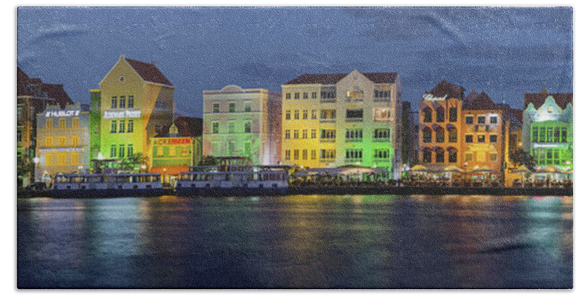 3scape Beach Towel featuring the photograph Willemstad Curacao at Night Panoramic by Adam Romanowicz