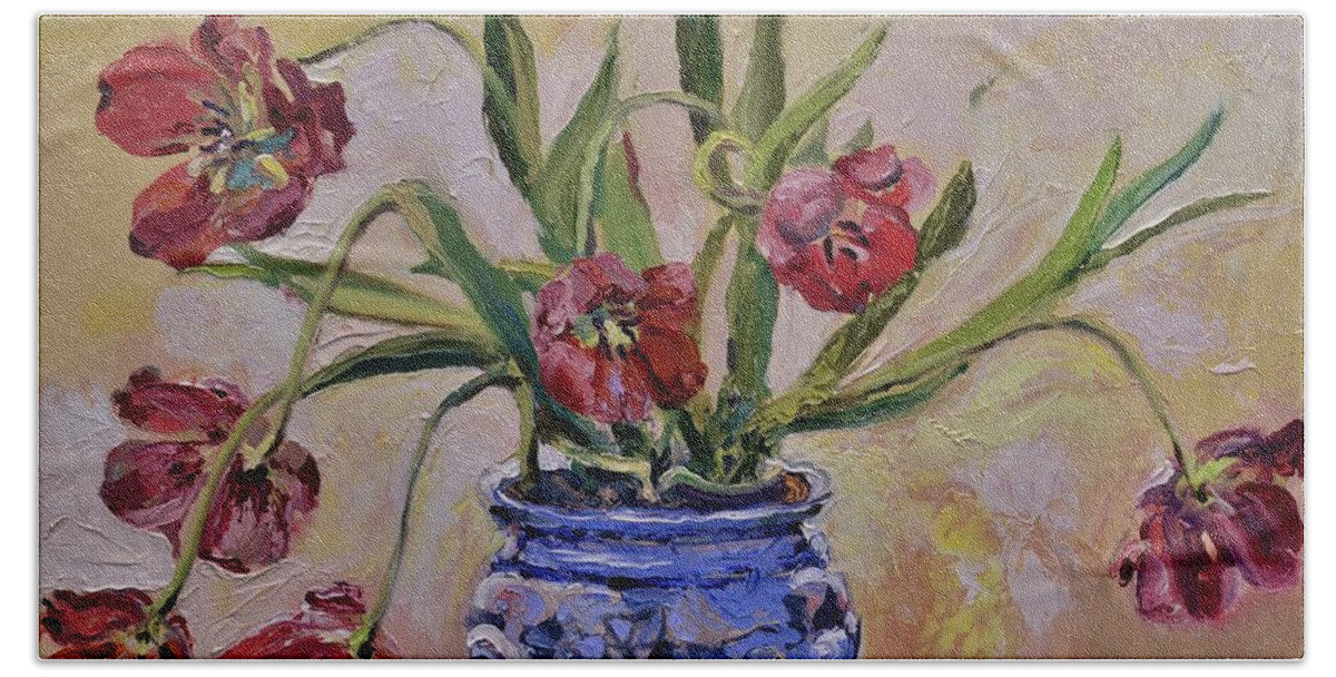 Tulip Beach Sheet featuring the painting Wilting Tulips by Donna Tuten