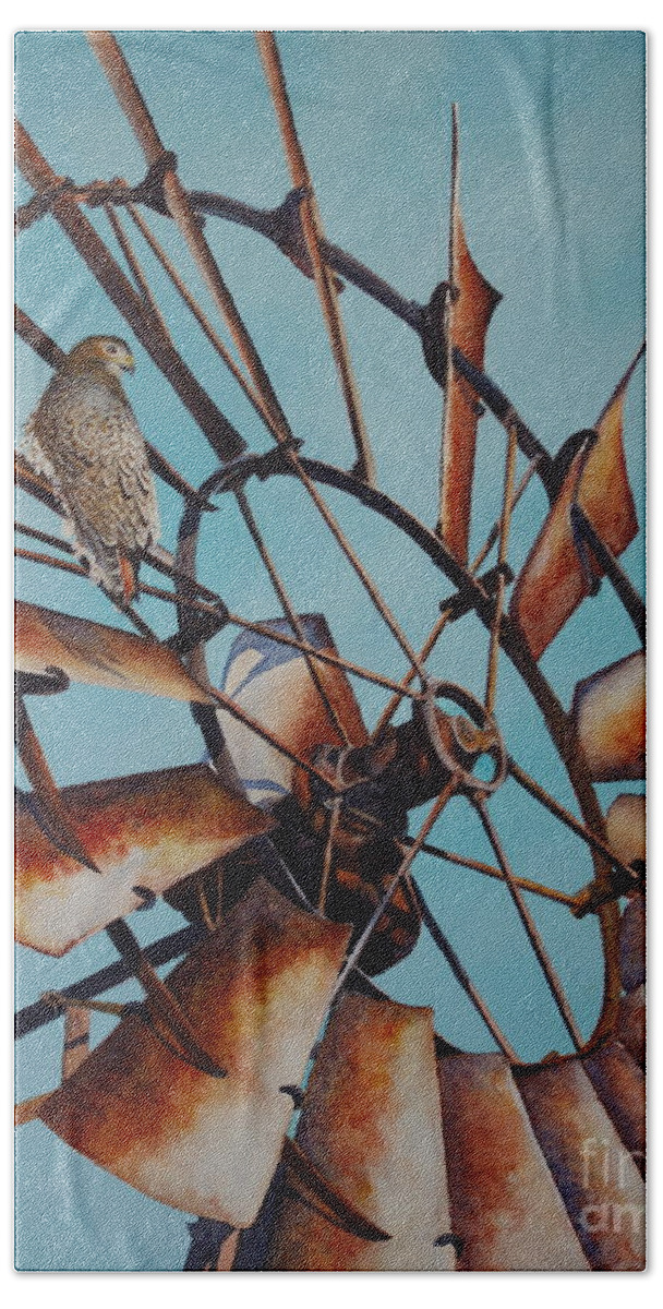 Windmill Beach Towel featuring the painting Windmill and Hawk by Greg and Linda Halom
