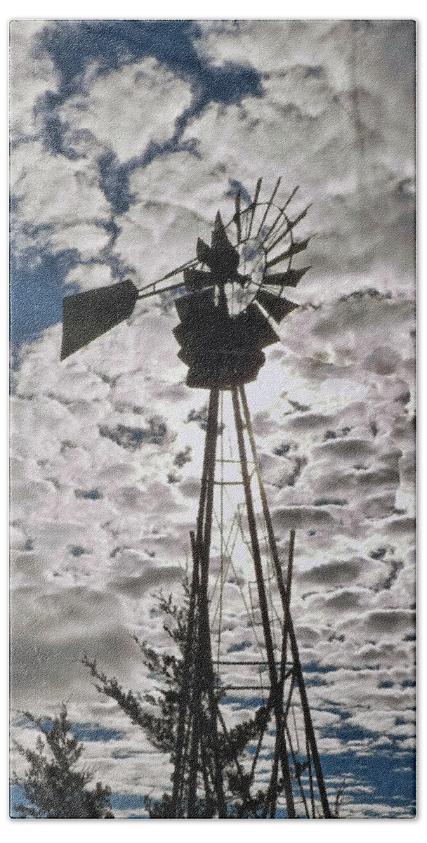Windmill Beach Towel featuring the digital art Windmill in the clouds by Cathy Anderson