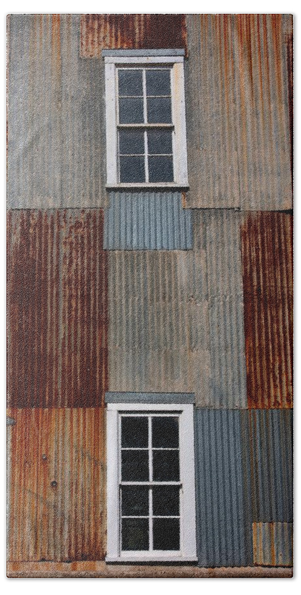 Window Beach Towel featuring the photograph Windows and Rusty Sheeting by Stuart Litoff