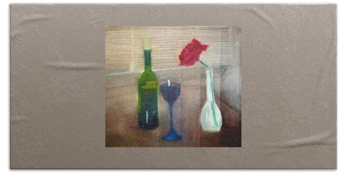 Wine Bottle Beach Towel featuring the painting Wine and Rose by Sheila Mashaw