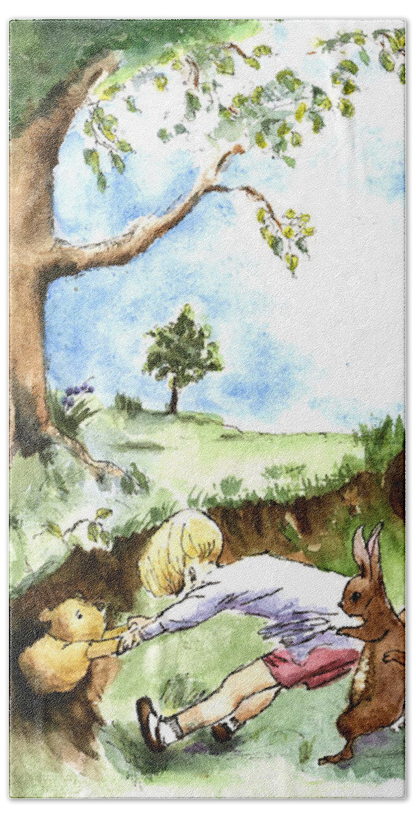 Winnie The Pooh Beach Towel featuring the painting Helping Hands after E H Shepard by Maria Hunt