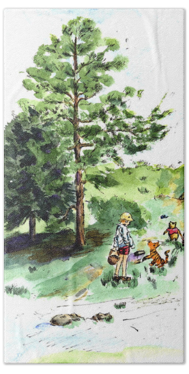 Winnie The Pooh Beach Towel featuring the painting Winnie the Pooh with Christopher Robin after E H Shepard by Maria Hunt