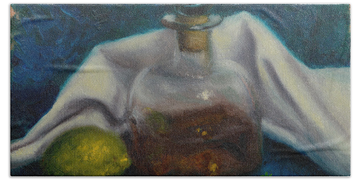 Tequila Lime Retro Vintage Glass Bottle Beach Sheet featuring the painting Winslow's Tequila by Brenda Salamone
