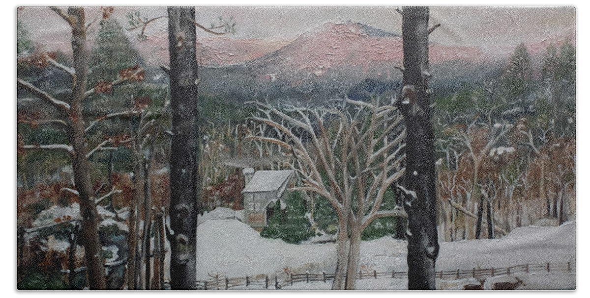 Winter.appalachian Beach Towel featuring the painting Winter - Cabin - Pink Knob by Jan Dappen