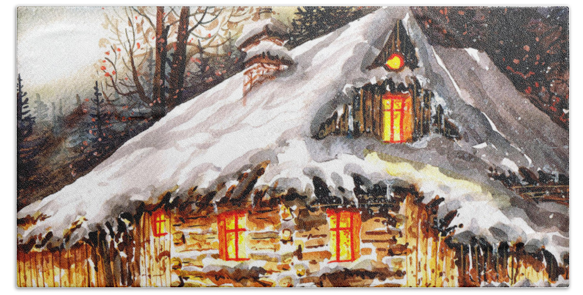 Winter Cottage Beach Sheet featuring the painting Winter Cottage by Dariusz Orszulik