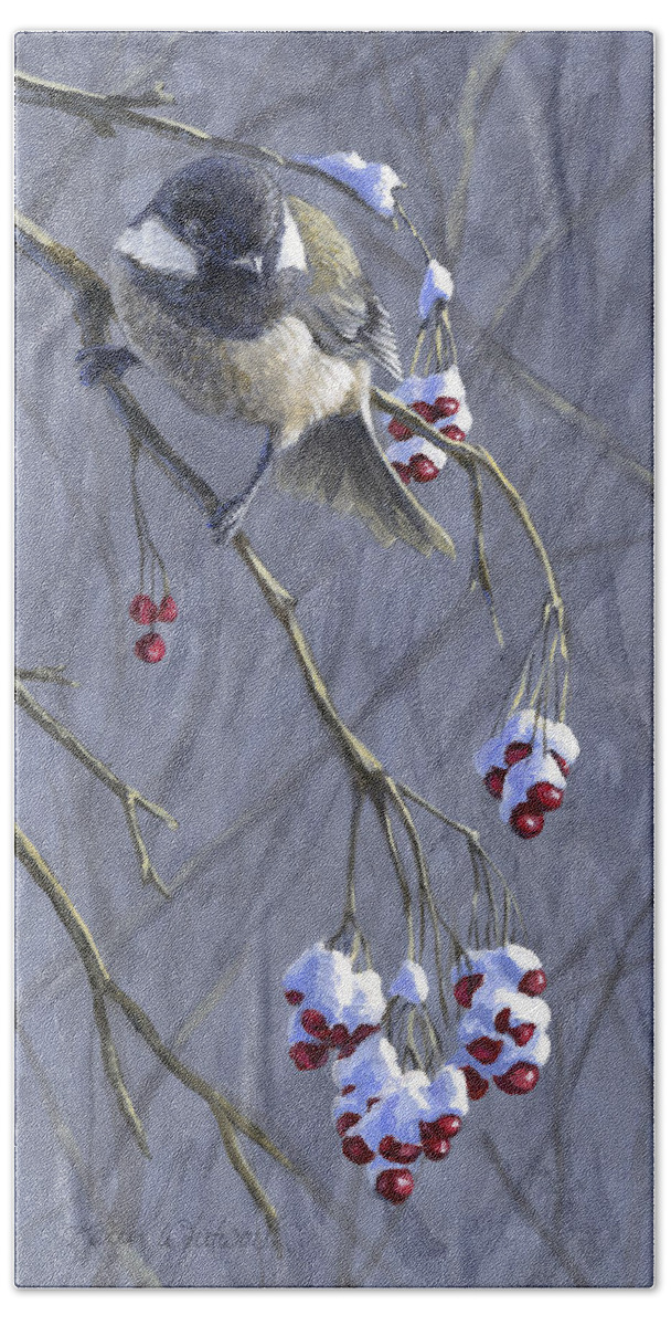 Chickadee Beach Sheet featuring the painting Winter Harvest 1 Chickadee Painting by K Whitworth