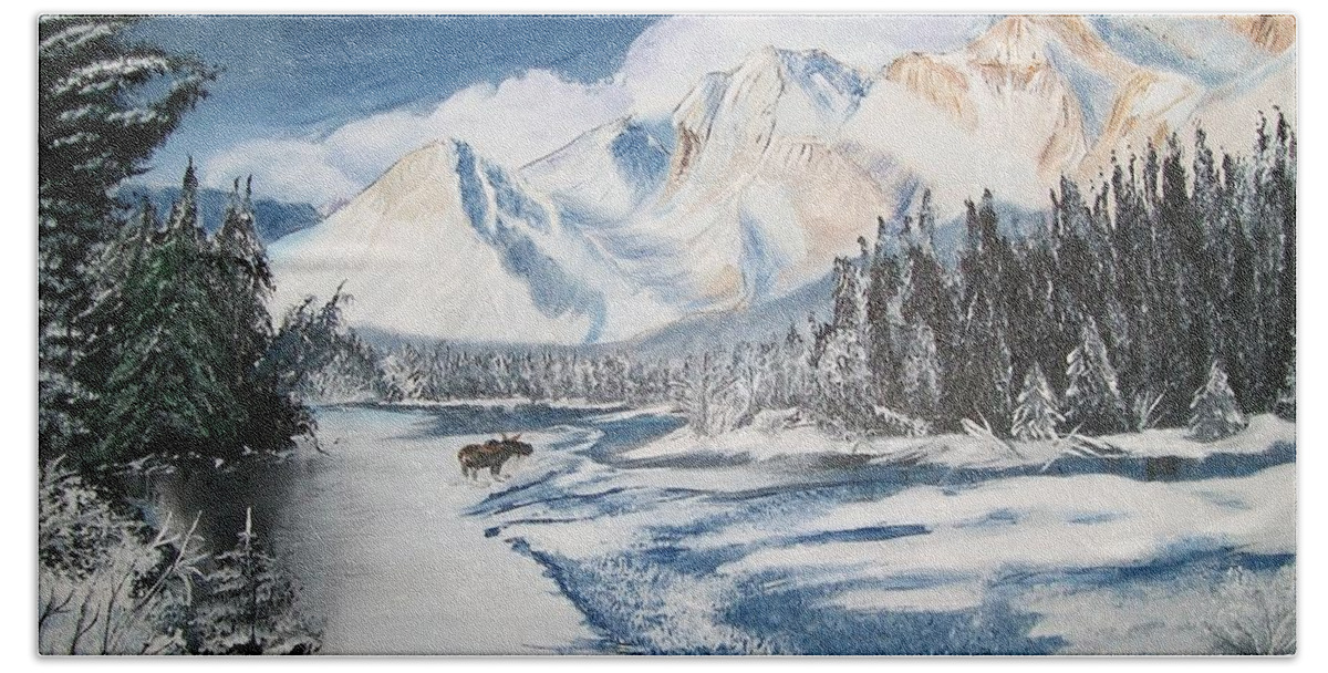 Canada Beach Towel featuring the painting Winter in the Canadian Rockies by Sharon Duguay