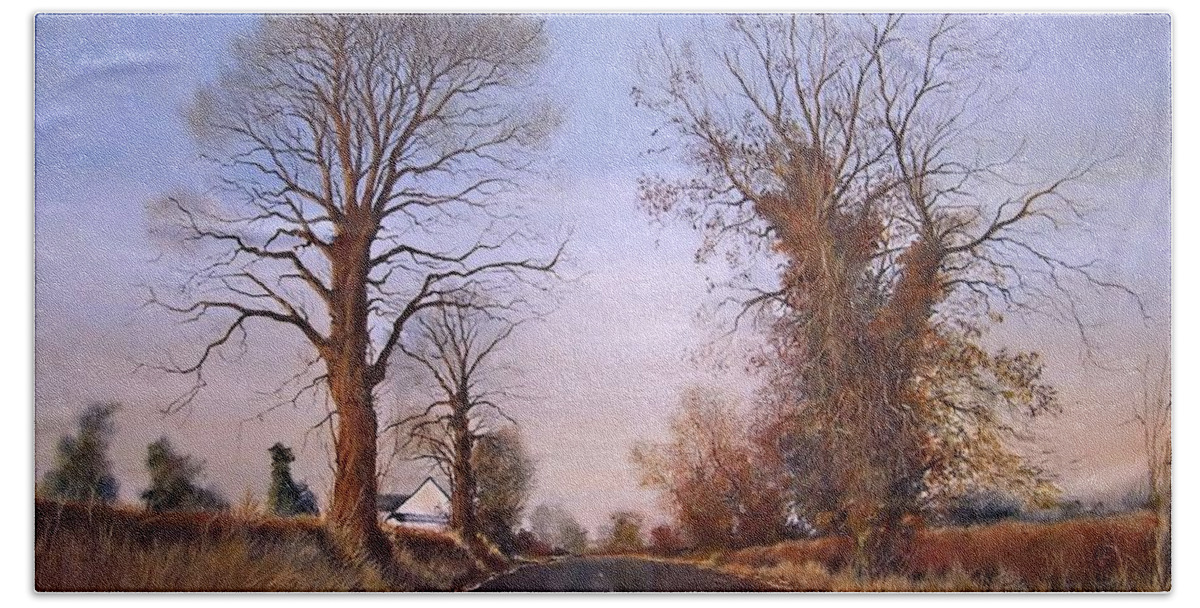 Landscape Beach Towel featuring the painting Winter morning on Calverton Lane by Barry BLAKE