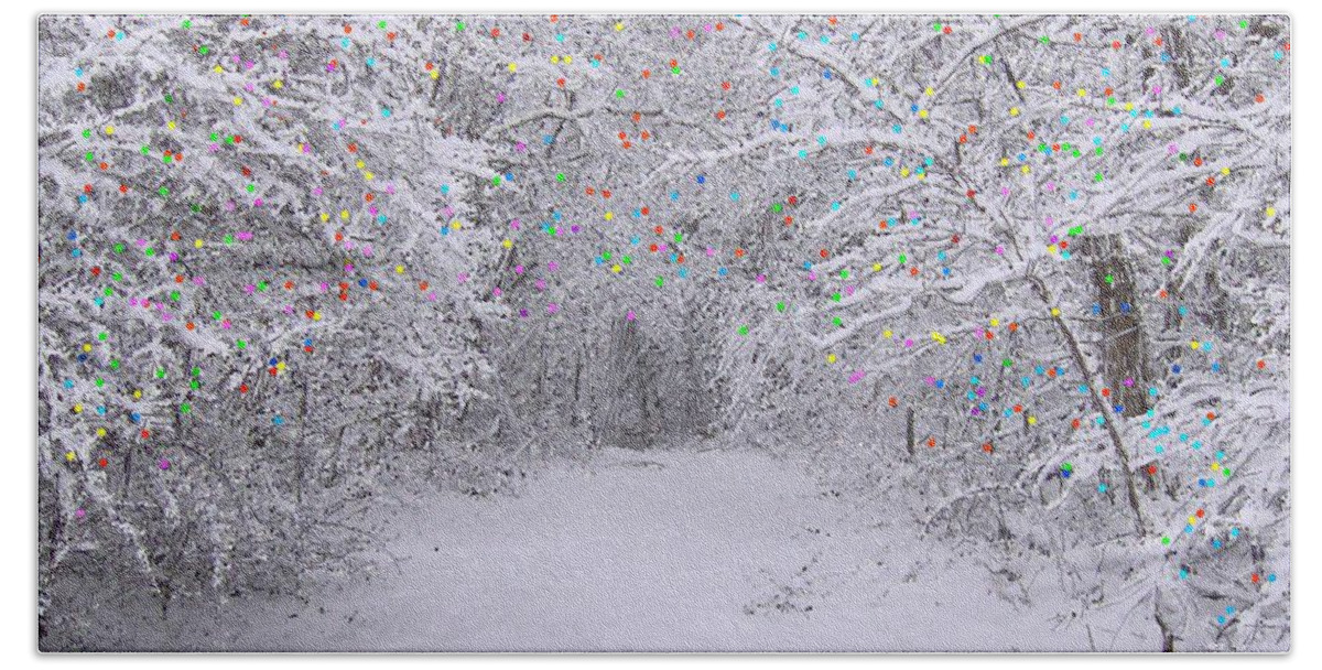 Trees Beach Towel featuring the painting Winter Scene with Lights by Bruce Nutting