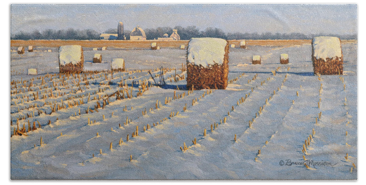 Landscape Beach Towel featuring the painting Winter Stubble Bales by Bruce Morrison