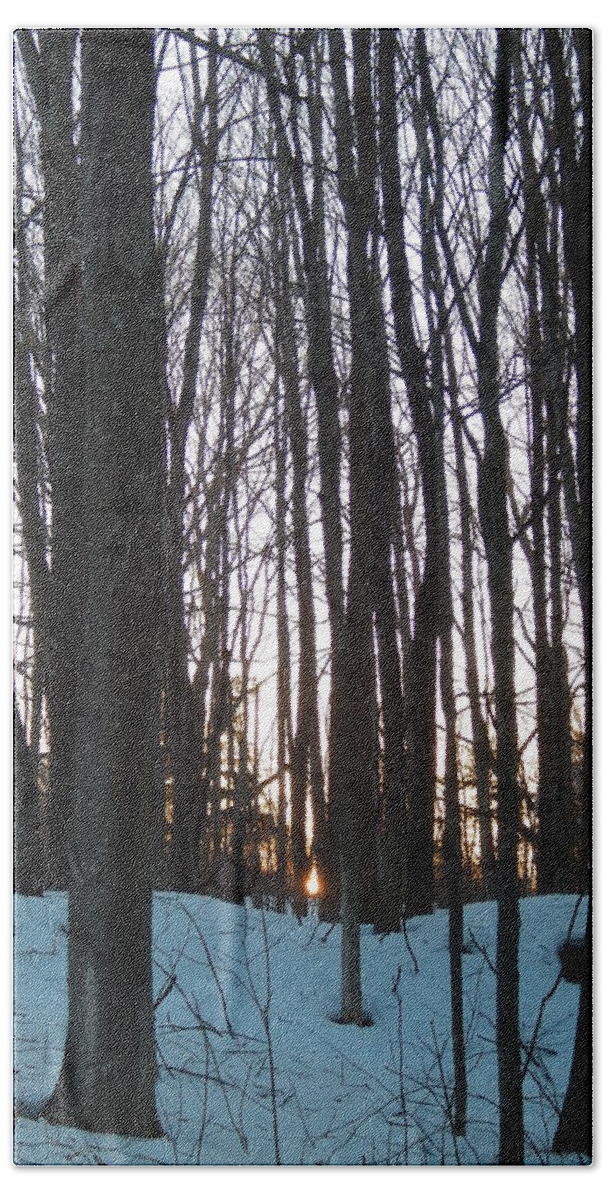 Winter Sun Sets In The Maine Woods Beach Towel featuring the photograph Winter sun sets in the Maine woods by Priscilla Batzell Expressionist Art Studio Gallery