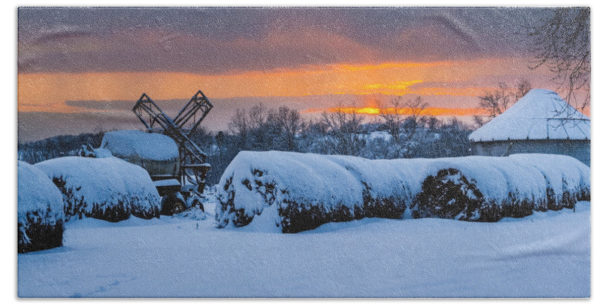 Snow Beach Towel featuring the photograph Winter Sunset on the Farm by Holden The Moment