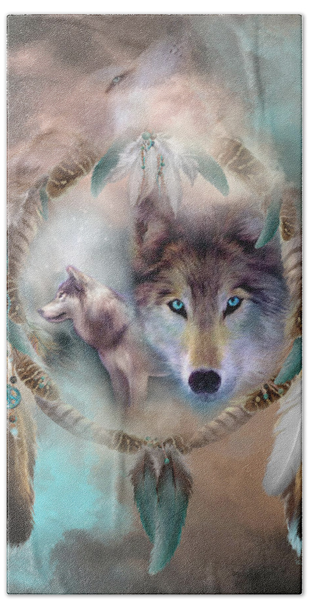 Carol Cavalaris Beach Towel featuring the mixed media Wolf - Dreams Of Peace by Carol Cavalaris