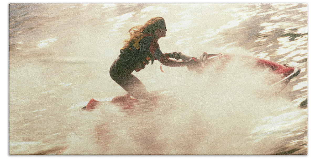 Boating Beach Towel featuring the photograph Woman Enveloped In Water Splashing by Joel Sheagren