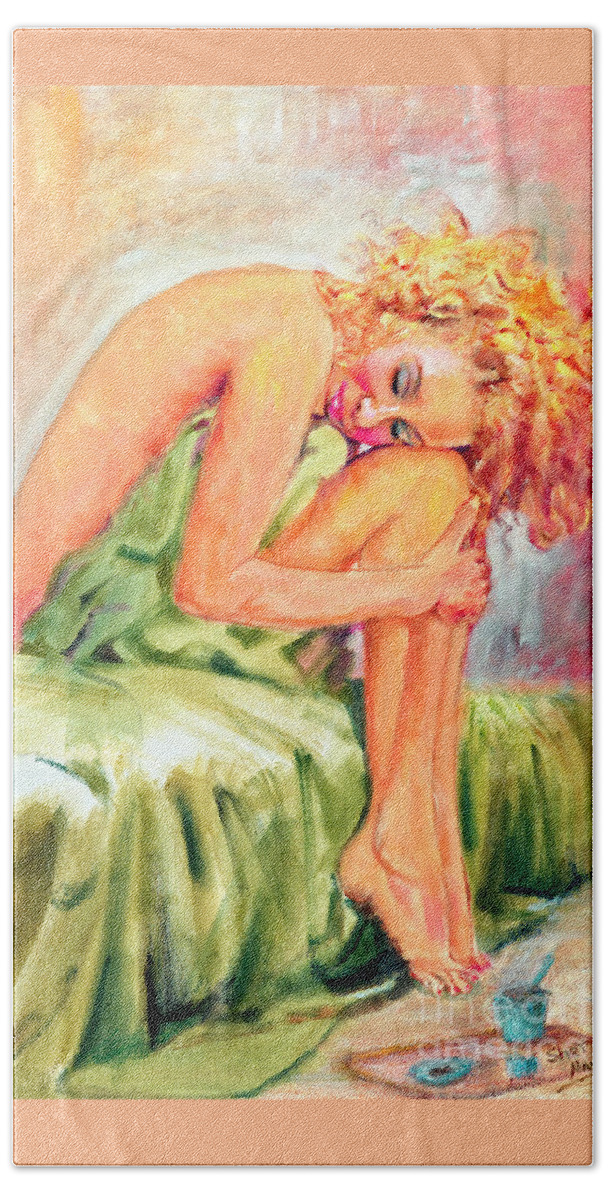 Sher Nasser Artist Beach Towel featuring the painting Woman In Blissful Ecstasy by Sher Nasser Artist