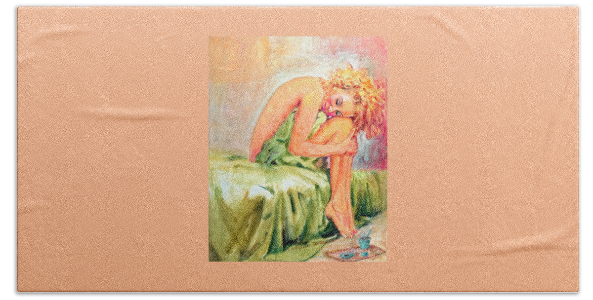 Nude Beach Towel featuring the painting Woman In Blissful Ecstasy by Sher Nasser