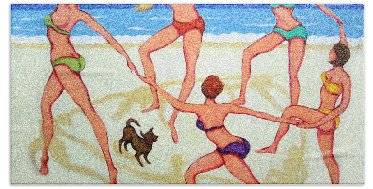 Women Dancing On Beach Beach Towel featuring the painting Women Dancing on Beach - Happy Dance by Rebecca Korpita