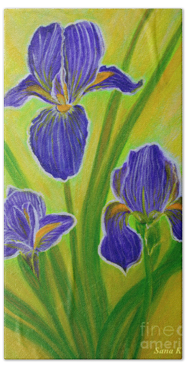 Wonderful Beach Towel featuring the painting Wonderful Iris Flowers 3 by Oksana Semenchenko