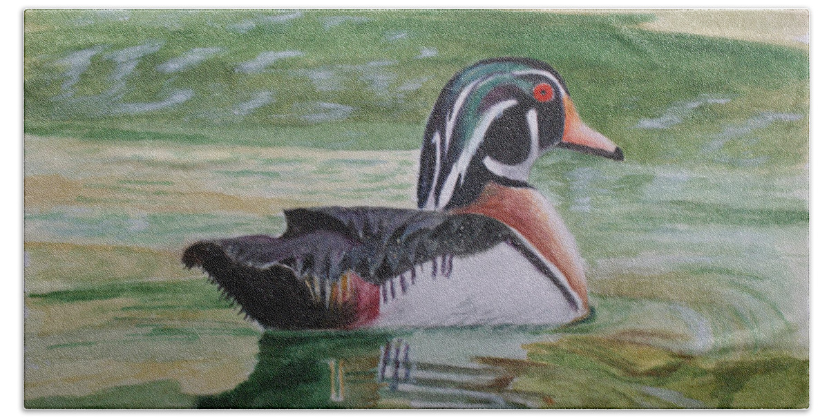 Duck Beach Towel featuring the painting Wood Duck by Jill Ciccone Pike