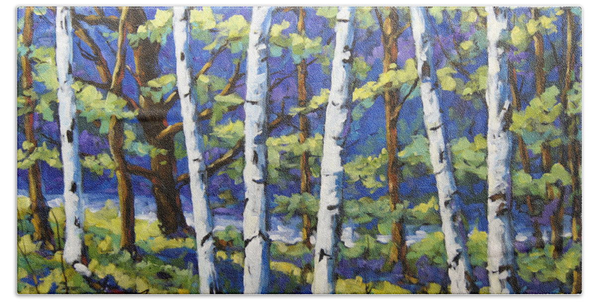 Canadian Landscape Created By Richard T Pranke Beach Towel featuring the painting Woodland Birches by Richard T Pranke