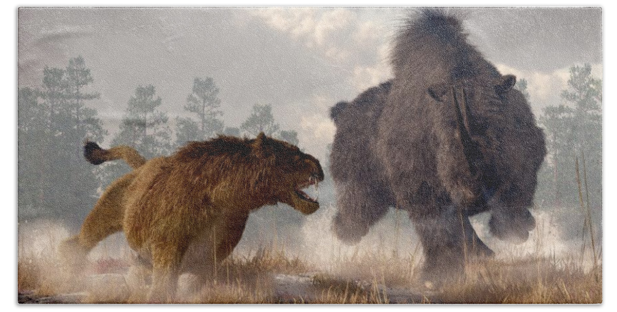 Woolly Rhino Beach Towel featuring the digital art Woolly Rhino and Cave Lion by Daniel Eskridge