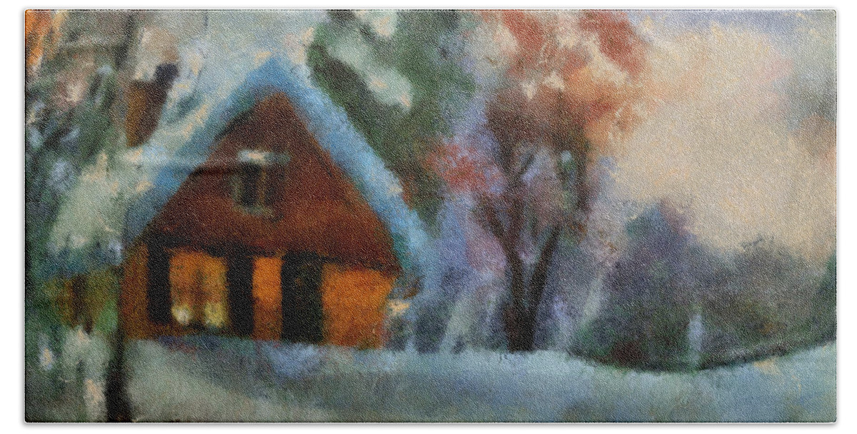 Wood Beach Towel featuring the photograph Xmas Winter Cottage 03 Photo Art by Thomas Woolworth
