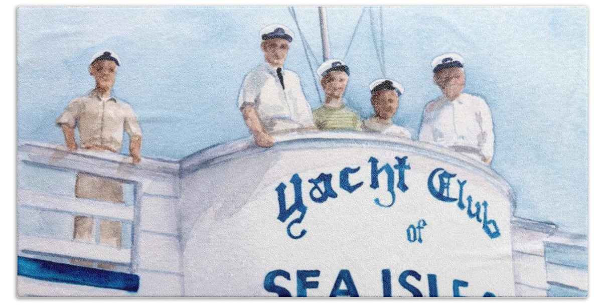 Yacht Club Sea Isle City Beach Towel featuring the painting YCSIC Race Committee 2 by Nancy Patterson