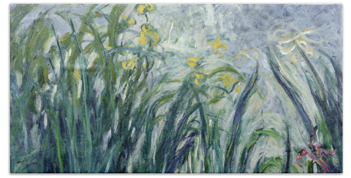 Iris Beach Towel featuring the painting Yellow And Purple Irises, 1924-25 by Claude Monet