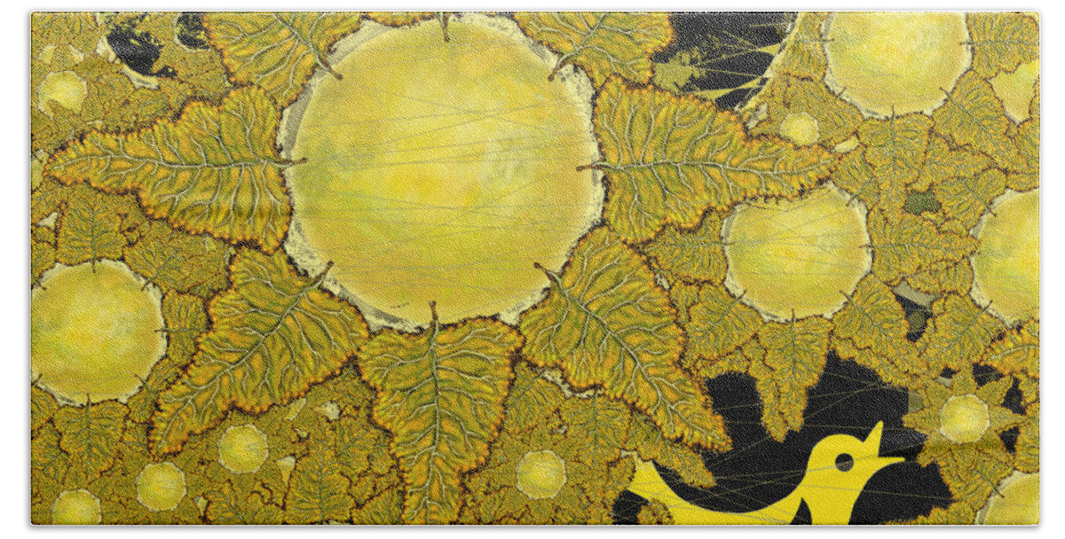Bird Beach Sheet featuring the digital art Yellow Bird sings in the Sunflowers by Carol Jacobs