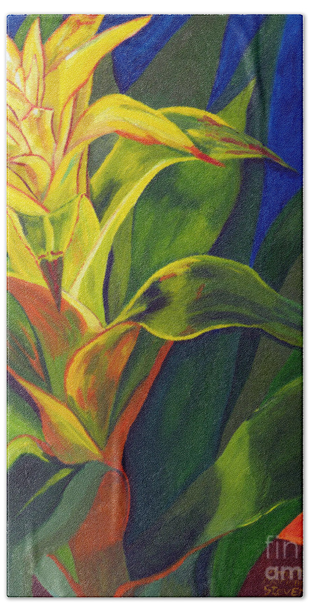 Warm And Cozy Beach Sheet featuring the painting Yellow Bromeliad by Annette M Stevenson