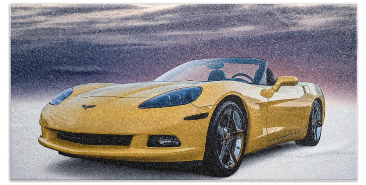 Yellow Beach Towel featuring the digital art Yellow Corvette Convertible by Douglas Pittman