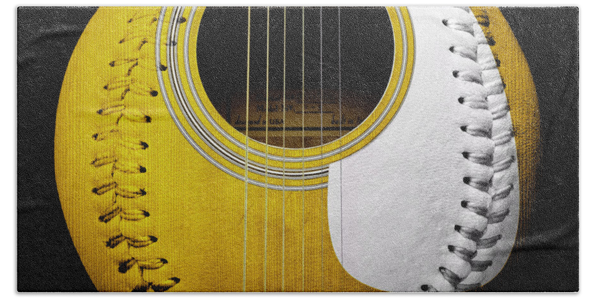 Baseball Beach Towel featuring the digital art Yellow Guitar Baseball White Laces Square by Andee Design