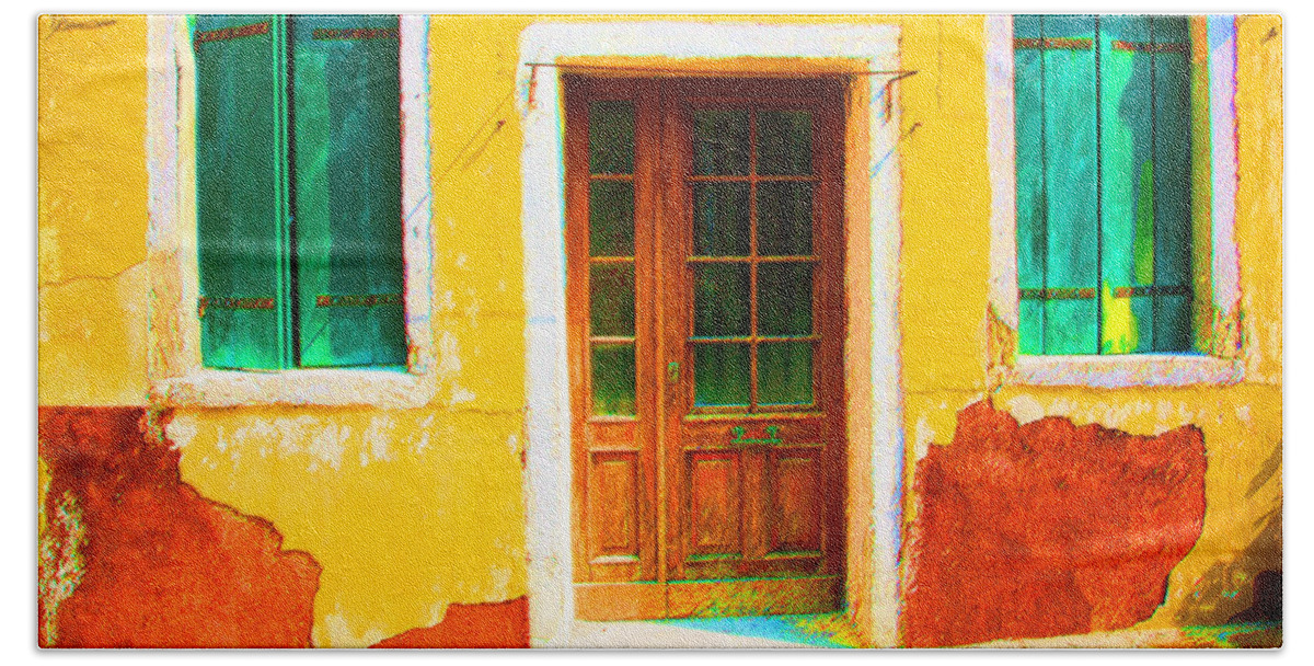 Burano Artwork Beach Sheet featuring the digital art Yellow House Decayed by Donna Corless