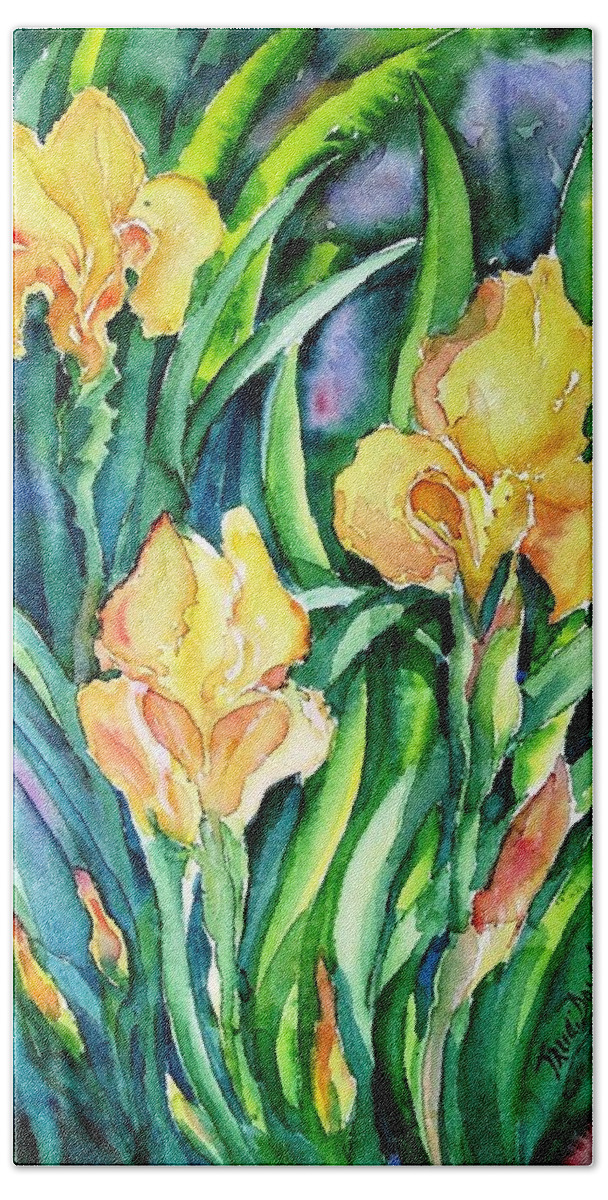 Yellow Beach Towel featuring the painting Yellow Irises in the Garden by Trudi Doyle