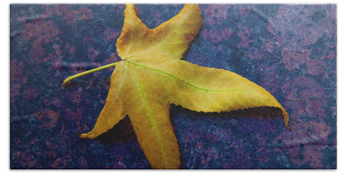 Leaf Image Posters Beach Towel featuring the photograph Yellow Leaf On Marble by David Davies