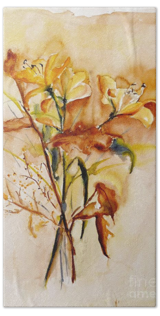 Painting Beach Towel featuring the painting Yellow Lilies by Karina Plachetka