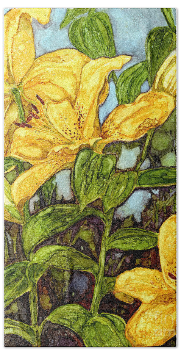 Lilies Beach Towel featuring the painting Yellow Lilies by Vicki Baun Barry