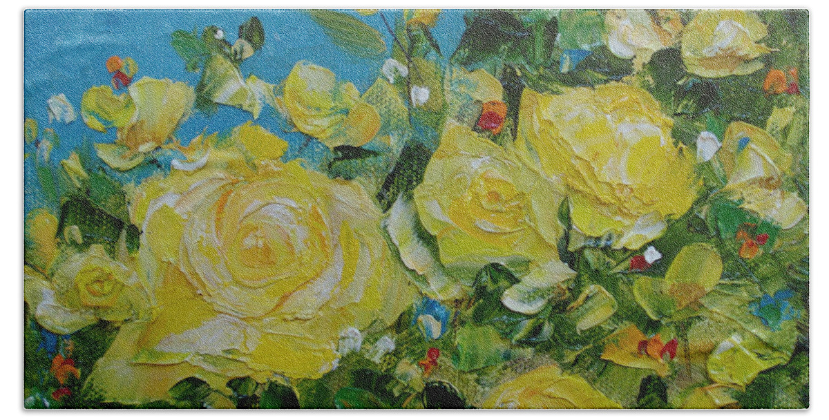 Yellow Beach Towel featuring the painting Yellow Roses by Judith Rhue