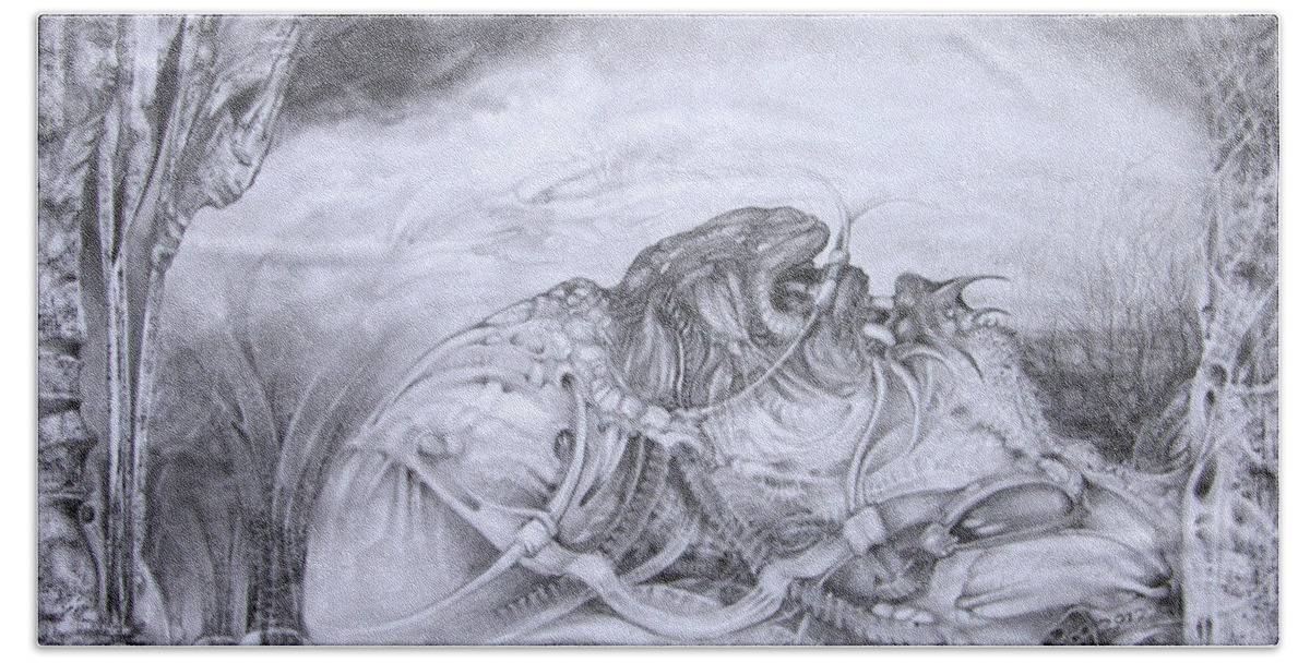 Art Of The Mystic Beach Sheet featuring the drawing Ymir At Rest by Otto Rapp