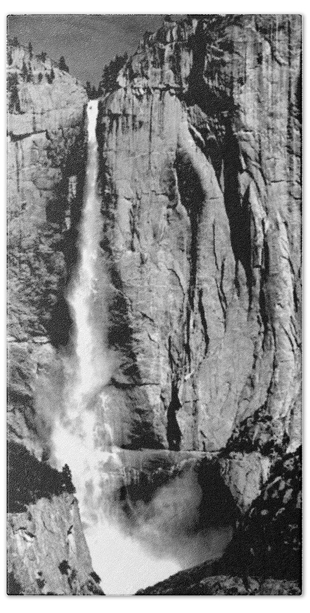 Yosemite Falls Beach Towel featuring the photograph Yosemite Falls Black and White by Eric Tressler