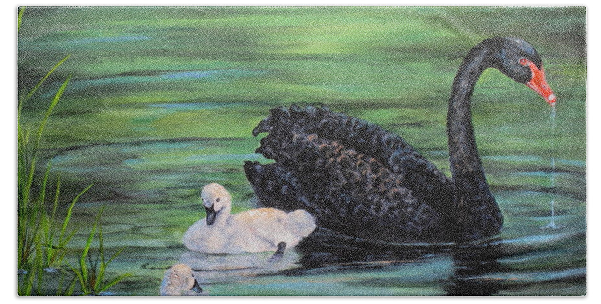 Bird Beach Sheet featuring the painting You Comin'--Black Swan by Mary McCullah