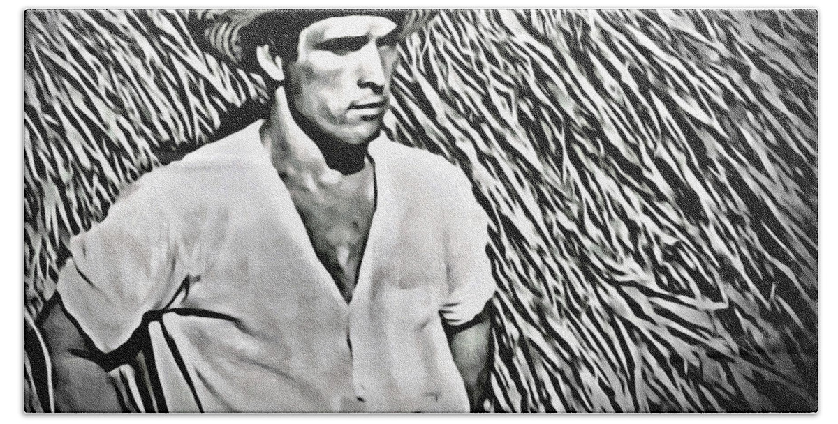 Masculine Beach Towel featuring the digital art Young man with straw hat by Joan Reese