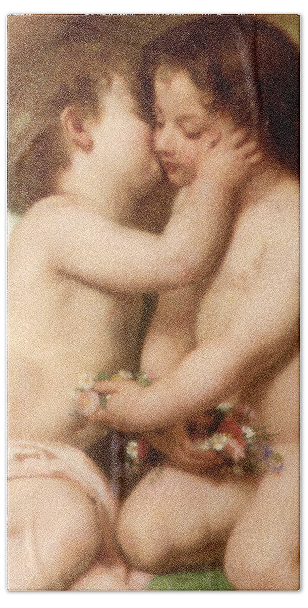 William Bouguereau Beach Towel featuring the digital art Young woman contemplating two embracing children Detail II by William Bouguereau