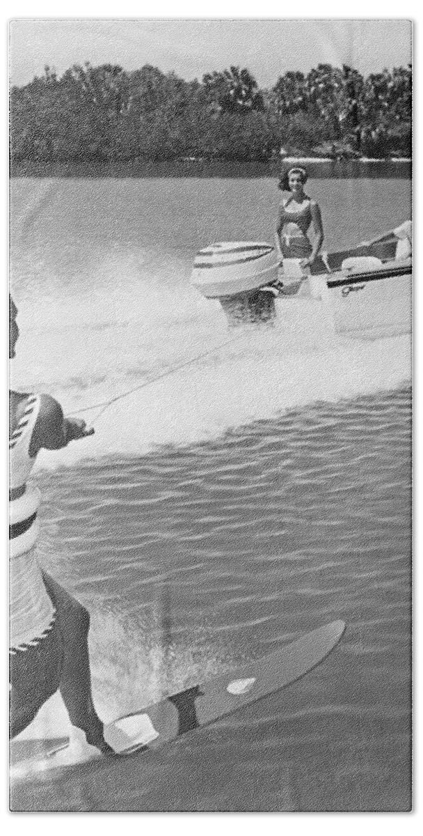 1960s Beach Towel featuring the photograph Young Woman Slalom Water Skis by Underwood Archives