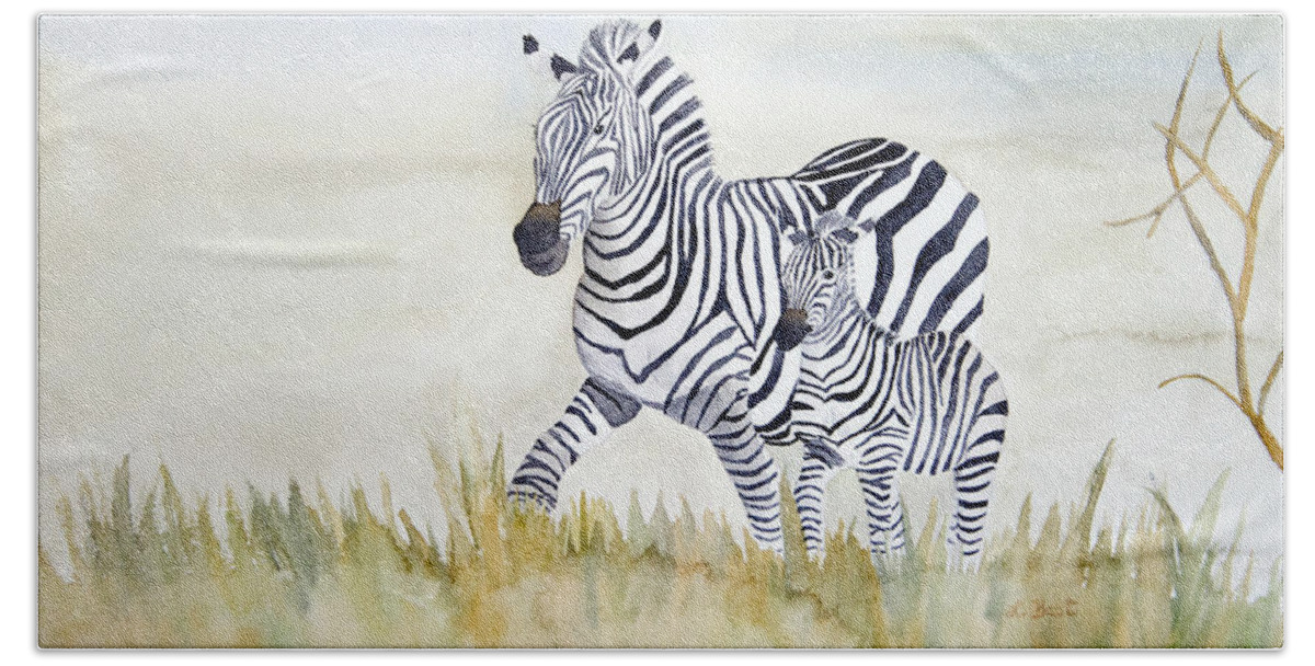 Zebra Beach Towel featuring the painting Zebra Family by Laurel Best