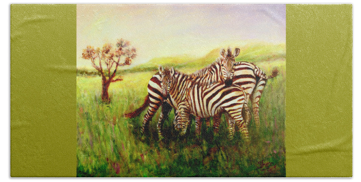 Zebra Beach Towel featuring the painting Zebras at Ngorongoro Crater by Sher Nasser