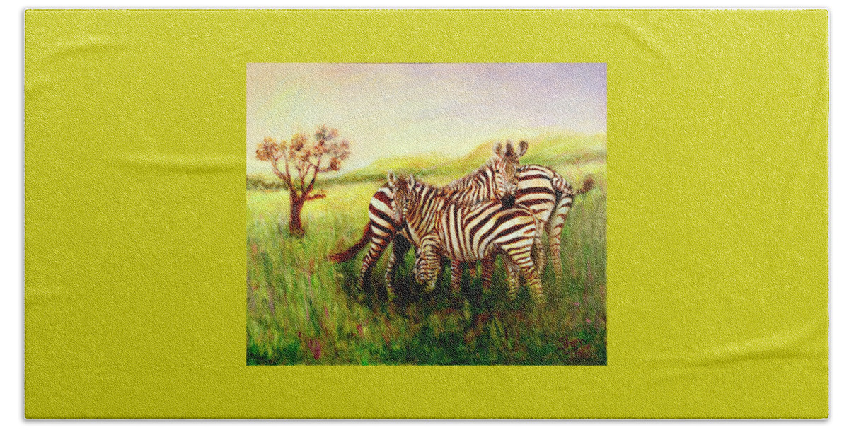 Zebra Beach Towel featuring the painting Zebras at Ngorongoro Crater by Sher Nasser